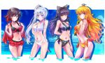 4girls absurdres ahoge arm_behind_back arm_strap bangs bikini bikini_skirt black_bow black_hair blake_belladonna blonde_hair blue_eyes blue_sky bow breasts cape capelet cleavage closed_mouth cloud cloudy_sky commentary_request contrapposto flame_print floral_print frilled_bikini frills grey_eyes hair_bow halterneck highres holding holding_cape holding_clothes holding_own_arm iesupa large_breasts looking_at_viewer medium_breasts multicolored_hair multiple_girls navel prosthesis prosthetic_arm purple_eyes red_hair rose_print ruby_rose rwby side-tie_bikini sky smile snowflake_print stomach swimsuit two-tone_hair wading water wavy_mouth weiss_schnee white_hair yang_xiao_long yellow_eyes 
