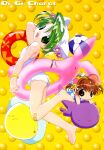 2girls ahoge animal_ears arm_behind_head arm_up ball bandaid bandaid_on_knee bandaid_on_leg bangs barefoot beachball bell bracelet brown_eyes brown_hair cat_ears chibi copyright_name dejiko di_gi_charat eyebrows_visible_through_hair flower full_body gema green_eyes green_hair hair_bell hair_ornament hat highres innertube jewelry jingle_bell multiple_girls non-web_source official_art one-piece_swimsuit open_mouth patterned_background puchiko school_swimsuit short_hair swimsuit watanabe_akio white_swimsuit yellow_background 