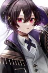  1boy androgynous artist_name black_hair choker collared_shirt eyelashes hair_ornament hairclip hat highres looking_at_viewer male_focus nixtutyannh open_mouth original purple_eyes ribbon shirt solo vest white_background white_shirt 