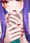  1girl artist_name close-up daji_(monster_strike) eyeshadow facial_mark hands_up highres kohanayuki light_blush lips long_hair makeup monster_strike nail_polish parted_lips pink_lips purple_hair red_nails signature solo yellow_eyes 