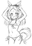  1girl :d animal_ears armpits arms_up bare_arms bare_shoulders bikini blush collarbone cowboy_shot cropped_legs ear_bow facial_mark flat_chest forehead forehead_mark front-tie_bikini front-tie_top greyscale groin horse_ears horse_girl horse_tail looking_at_viewer monochrome navel original side-tie_bikini simple_background sketch smile solo swimsuit tail unname white_background 