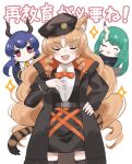  3girls ^_^ animal_ear_fluff animal_ears arknights background_text bangs bare_shoulders black_headwear black_jacket black_legwear black_skirt blue_hair bow bowtie brown_hair ch&#039;en_(arknights) closed_eyes collared_shirt dress_shirt eyebrows_visible_through_hair facing_viewer green_hair hand_on_hip hand_up hat highres horns hoshiguma_(arknights) jacket long_hair looking_at_viewer multiple_girls necktie open_clothes open_jacket orange_bow orange_bowtie parted_bangs peaked_cap purple_eyes ringlets shirt sidelocks simple_background single_horn skirt someyaya sparkle swire_(arknights) tail thighhighs tiger_ears tiger_girl tiger_tail tilted_headwear translation_request very_long_hair white_background white_shirt yellow_necktie 