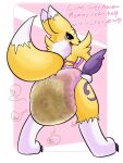  2022 anthro apron bandai_namco black_sclera breasts canid canine clothing diaper digimon digimon_(species) dljoe feces female fur hands_on_hips looking_at_viewer looking_back mammal messy_diaper renamon smile soiling solo standing yellow_body yellow_fur 