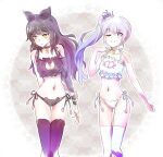  2girls bell black_hair black_legwear black_vs_white blake_belladonna blue_eyes bow breasts cat_cutout cat_ear_panties cat_lingerie choker cleavage cleavage_cutout clothing_cutout commentary_request earrings frown hair_bow highres iesupa jewelry jingle_bell medium_breasts meme_attire multiple_girls navel neck_bell one_eye_closed panties rwby side-tie_panties side_ponytail small_breasts smile thighhighs underwear underwear_only weiss_schnee white_hair white_legwear yellow_eyes 