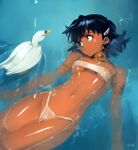  1girl animal artist_name bare_shoulders bikini bird black_hair blue_eyes breasts collarbone commentary dark-skinned_female dark_skin duck earrings fushigi_no_umi_no_nadia hair_ornament highleg highleg_bikini highres hoop_earrings jewelry nadia_la_arwall navel optionaltypo partially_submerged shiny shiny_hair shiny_skin short_hair signature simple_background small_breasts stomach swimsuit thighs water white_bikini 