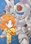  1girl bangs blue_eyes blush cecily_fairchild chibi eyebrows_visible_through_hair gun gundam gundam_f91 headwear_removed helmet helmet_removed highres holding holding_gun holding_helmet holding_weapon kurumaya_maa mecha mobile_suit open_hand orange_hair parted_bangs pilot_suit space vigna_ghina weapon 