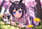  1girl absurdres animal_ear_fluff animal_ears bangs black_hair blue_eyes blurry blurry_background blurry_foreground cat cherry_blossoms day fake_animal_ears flower highres kohanayuki light_blush open_mouth original outdoors petals solo yellow_flower 