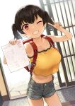  1girl ;) backpack bag black_hair breasts camisole cleavage clenched_teeth contrapposto cowboy_shot crop_top crop_top_overhang grey_shorts grin hanamaru highres holding holding_paper kaedeko_(kaedelic) large_breasts looking_at_viewer midriff navel one_eye_closed oppai_loli original paper randoseru red_eyes saki_sasaki_(kaedeko) short_hair short_shorts shorts sliding_doors smile solo standing taut_clothes teeth test thighs twintails v yellow_camisole 