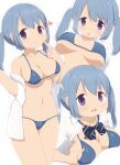  1girl bikini blue_hair bow bowtie breasts eyebrows_visible_through_hair highres kasane_ao kurakuru large_breasts looking_at_viewer magia_record:_mahou_shoujo_madoka_magica_gaiden mahou_shoujo_madoka_magica multiple_views navel open_clothes open_shirt purple_eyes smile swimsuit twintails 