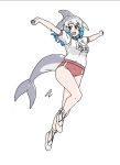 1girl acesrulez blue_eyes blue_hair blush buruma cetacean_tail commentary_request common_bottlenose_dolphin_(kemono_friends) dolphin_girl eyebrows_visible_through_hair flats grey_hair gym_uniform kemono_friends looking_at_viewer multicolored_hair open_mouth outstretched_arms red_buruma shirt short_hair short_sleeves smile solo t-shirt translation_request white_footwear white_hair white_shirt 