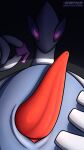  anthro blue_body condom condom_wrapper genitals glowing glowing_eyes grey_background hi_res holding_condom holding_object legendary_pok&eacute;mon looking_at_viewer lugia male multicolored_body nintendo orbitalis penis pok&eacute;mon pok&eacute;mon_(species) presenting presenting_penis purple_eyes sexual_barrier_device simple_background slit solo tapering_penis text two_tone_body url video_games white_body 