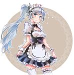  1girl alternate_costume apron black_bow black_bowtie black_ribbon blue_eyes blush bow bowtie breasts cleavage closed_mouth commentary_request enmaided eyebrows_visible_through_hair frills furrowed_brow highres iesupa long_hair looking_at_viewer maid maid_apron maid_headdress ribbon rwby scar short_sleeves side_ponytail skirt skirt_hold small_breasts thighhighs tiara wavy_mouth weiss_schnee white_hair white_legwear wrist_cuffs zettai_ryouiki 