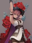  1girl aqua_eyes arm_up armband belt breasts cape final_fantasy final_fantasy_xiii fingerless_gloves floral_background flower gloves grey_background hair_between_eyes lightning_farron medium_breasts medium_hair multiple_belts parted_lips pink_hair red_cape red_flower red_rose rose sasanomesi shirt sleeveless sleeveless_shirt solo upper_body vest wavy_hair white_vest 