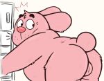  2022 anthro backsack balls belly big_belly butt campfire_donut cartoon_network genitals hi_res lagomorph leporid male mammal overweight overweight_male pink_body rabbit richard_watterson solo surprise the_amazing_world_of_gumball 