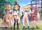 4girls :d animal animal_ear_fluff animal_ears animal_on_head arknights bangs bar_censor black_legwear black_necktie blonde_hair blue_hairband blush bottomless braid candy cape cat cat_on_head censored collarbone covered_navel day earrings exhibitionism eyebrows_visible_through_hair food frilled_legwear gloves green_eyes hair_between_eyes hair_ornament hairband highres holding_hands jewelry licking looking_at_viewer lower_teeth medium_hair mousse_(arknights) multicolored_hair multiple_girls navel necktie nipples on_head outdoors pink_eyes playground popsicle public_indecency pussy revealing_clothes scenery see-through shamare_(arknights) shiny shiny_hair shoes smile stuffed_animal stuffed_toy suzuran_(arknights) tail tail_raised teeth thighhighs toes twintails two-tone_hair v vermeil_(arknights) white_hair white_legwear 