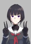  bangs black_gloves black_hair black_serafuku black_shirt colored_skin dot_nose double_v expressionless eyebrows_visible_through_hair gloves grey_background hands_up highres idolmaster idolmaster_cinderella_girls long_sleeves looking_at_viewer neckerchief purple_eyes red_neckerchief sailor_collar school_uniform serafuku shirayuki_chiyo shirt short_hair solo upper_body v white_sailor_collar white_skin youhei_(testament) 