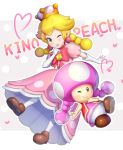  2girls ;) blonde_hair bow braid brown_footwear character_name crown dress earrings elbow_gloves finger_to_mouth gloves gonzarez grey_eyes heart highres jewelry looking_at_viewer mario_(series) multiple_girls new_super_mario_bros._u_deluxe nintendo one_eye_closed outline peachette pearl_earrings pink_dress pink_earrings puffy_short_sleeves puffy_sleeves short_sleeves smile super_crown toadette twin_braids twintails vest white_gloves white_outline 