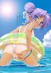  alternate_hairstyle ass bad_id bad_pixiv_id bikini blue_eyes blush cameltoe cloud day double_bun from_behind hiiragi_kagami innertube looking_back lucky_star misooden one-piece_tan partially_submerged partially_visible_vulva purple_hair short_hair sky solo star swimsuit tan tanline thong_bikini translated water wet 