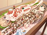  aizawa_satomi banana breasts brown_hair cherry chocolate food fruit game_cg green_eyes himitsu_seikatsu long_hair multiple_girls nabechi naked_chocolate nude nyotaimori red_eyes saeki_kana short_hair small_breasts sushi tea 