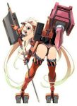 1girl ass blonde_hair elbow_gloves full_body gloves holding holding_weapon hydraulic_breaker_(ole_tower) leaning_forward long_hair looking_at_viewer looking_back official_art ole_tower orange_gloves orange_legwear solo standing thighhighs transparent_background twintails very_long_hair weapon 
