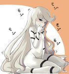  blue_eyes blush bodysuit covered_nipples flat_chest heroic_age long_hair masturbation sitting skin_tight solo soranon very_long_hair white_bodysuit white_hair yuti_ra 