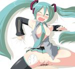  aqua_hair blush breasts censored clothed_sex cum cum_in_pussy fat_mons hatsune_miku hetero kotatsu_(kotatsu3) long_hair medium_breasts miniskirt missionary mosaic_censoring nipples no_panties open_clothes open_shirt penis sex shirt skirt solo_focus thighhighs twintails vaginal very_long_hair vocaloid 