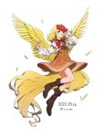  1girl animal animal_on_head bird bird_on_head bird_tail bird_wings blonde_hair boots brown_dress brown_footwear chick covered_navel dated dress eyebrows_visible_through_hair feathered_wings full_body highres knee_boots long_sleeves multicolored_hair niwatari_kutaka on_head red_eyes red_hair shishi_osamu short_hair simple_background solo tail touhou twitter_username two-tone_hair whistle white_background wings yellow_wings 