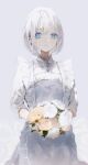  1girl bangs blue_eyes bouquet braid dress earrings eyebrows_visible_through_hair flower highres holding holding_flower iftuoma jewelry long_sleeves looking_at_viewer original parted_lips piercing rose shirt solo white_flower white_rose 