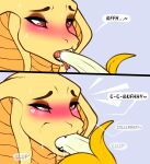  &lt;3 ambiguous_gender anthro banana blush comic dialogue eyebrows eyelashes eyeshadow fangs food food_fetish fruit haxxyramdhan hi_res makeup open_mouth plant red_eyes reptile scales scalie simple_background smile snake snake_hood solo speech_bubble suggestive suggestive_food yellow_body yellow_scales yellow_skin 