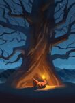  bare_tree charmeleon claws closed_eyes fire head_rest highres hyogonosuke lying mountain night no_humans on_side outdoors pokemon pokemon_(creature) sky sleeping solo star_(sky) tree 