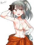  1girl bikini blush bottle breasts brown_eyes brown_gloves cleavage collarbone eyebrows_visible_through_hair gloves grey_hair hair_ribbon highres holding holding_bottle kantai_collection matsunaga_(haku) medium_breasts open_mouth orange_sarong ponytail ribbon sarong short_hair simple_background solo swimsuit twitter_username upper_body water_bottle white_background white_bikini white_ribbon yuubari_(kancolle) 