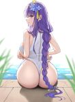  1girl absurdres ass bangs bare_shoulders blunt_bangs blush braid braided_ponytail breasts clothes_pull from_behind genshin_impact grass highres hongye_feixue large_breasts long_hair looking_at_viewer looking_back partially_submerged poolside purple_eyes purple_hair raiden_shogun seductive_smile sitting smile solo swimsuit swimsuit_pull wet white_swimsuit wide_hips zipper_pull_tab 