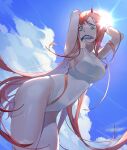  1girl absurdres arms_behind_head blue_sky breasts cloud commentary_request competition_swimsuit covered_navel cowboy_shot darling_in_the_franxx fish green_eyes highres horns lumi_(741632261) medium_breasts mouth_hold one-piece_swimsuit oni_horns pink_hair red_horns sky solo sun swimsuit zero_two_(darling_in_the_franxx) 