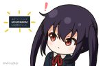  ! 1girl bangs black_hair brown_eyes chibi commentary_request go!go!_maniac hair_between_eyes k-on! long_hair mitya nakano_azusa notice_lines sakuragaoka_high_school_uniform school_uniform simple_background solo twintails twitter_username upper_body white_background 