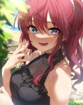  1girl :d absurdres blurry blurry_foreground earrings highres ichinose_shiki idolmaster idolmaster_cinderella_girls jewelry kakaobataa looking_at_viewer outdoors ponytail red_hair see-through see-through_shirt shirt sleeveless sleeveless_shirt smile solo sunlight upper_body wavy_hair 