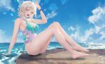  1girl absurdres arm_up ass bangs bare_legs bare_shoulders barefoot beach blue_sky blush borrowed_character breasts casual_one-piece_swimsuit cirilla_lin cleavage cloud commentary day feet highres jewelry legs looking_at_viewer medium_breasts nacchan_(ohisashiburi) ocean one-piece_swimsuit open_mouth original outdoors red_eyes short_hair sitting sky smile solo swimsuit thighs water wet white_hair 