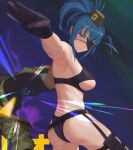  armpits ass bare_shoulders beret blue_eyes blue_hair breasts clenched_hand eyepatch godsh0t hat holster jacket leona_heidern looking_at_viewer ponytail snk_heroines:_tag_team_frenzy sweat sweatdrop the_king_of_fighters thong throwing twisted_torso underboob 