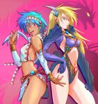  2girls aqua_hair bb9_megadrive blade blonde_hair blue_eyes cloak commentary_request dark_skin dragon el_viento game_console gloves highres jewelry looking_at_viewer monster multiple_girls open_mouth purple_eyes sega_mega_drive serious smile tribal villain_pose 
