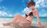  1girl absurdres animal_ears arm_support bangs bare_arms bare_legs bare_shoulders barefoot beach bikini black_bikini black_choker black_hair blue_sky blush borrowed_character breasts brown_hair choker cirilla_lin cleavage cloud collarbone commentary day hair_between_eyes halterneck highres large_breasts looking_at_viewer micchan_(ohisashiburi) navel ocean ohisashiburi_(style) original outdoors parted_lips partially_submerged red_eyes short_hair sitting sky smile solo swimsuit water 