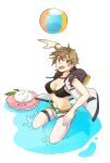  1girl :3 adapted_costume ball bangs beachball belt bikini bikini_top_only black_belt black_bikini bracelet breasts brown_eyes brown_hair cleavage commentary_request full_body jewelry mechanic_(ragnarok_online) medium_breasts midriff navel necklace open_mouth poring ragnarok_online short_hair short_shorts shorts smile solo swimsuit themed_object thigh_strap water white_background white_shorts zhi_xie 