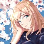  1girl alternate_costume aqua_eyes atago_(kancolle) bangs blonde_hair blue_background blush branch closed_mouth eyebrows_visible_through_hair flower hand_in_own_hair kantai_collection lips long_hair looking_to_the_side portrait shingyou_(alexander-13) simple_background solo white_flower 