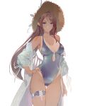  1girl bangs bare_shoulders bikini blue_bikini blue_eyes blush breasts brown_hair cleavage closed_mouth collarbone expressionless fingernails hand_on_hip hat highres long_hair looking_at_viewer off_shoulder onacia original pointy_ears simple_background solo standing straw_hat swimsuit tan thigh_strap white_background 