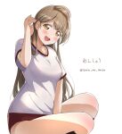  1girl :d between_legs blush breasts brown_hair buruma commentary eyebrows_visible_through_hair gym_shirt gym_uniform hair_tucking hair_tuft hand_between_legs hand_up highres knee_blush light_brown_hair long_hair love_live! love_live!_school_idol_project medium_breasts minami_kotori no_hair_bow red_buruma round_teeth satisfaction-zero shirt short_sleeves simple_background sitting smile solo tareme teeth tongue translated twitter_username upper_teeth white_background white_shirt yellow_eyes 