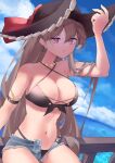  1girl anchor_earrings arm_strap azur_lane bikini blue_sky breasts brown_bikini brown_hair brown_headwear cleavage cloud cloudy_sky criss-cross_halter cutoff_jeans cutoffs earrings gold_necklace hair_between_eyes halterneck hat highres jean_bart_(azur_lane) jean_bart_(private_apres_midi)_(azur_lane) jewelry large_breasts long_hair looking_at_viewer micro_shorts navel official_alternate_costume open_fly pirate_hat purple_eyes shorts sky solo swimsuit take_yaki very_long_hair 