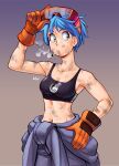  absurdres alternate_hair_color alternate_hairstyle aqua_eyes bandaid bandaid_on_arm black_sports_bra blue_hair breasts bulma capsule_corp cigarette clothes_around_waist dirty dirty_face dragon_ball dragon_ball_z gloves goggles goggles_on_head grey_overalls hand_on_hip highres linea_alba lips looking_to_the_side medium_breasts nagainosfw orange_gloves overalls short_hair smoking sports_bra standing sweat toned 