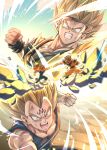  2boys absurdres bangs blonde_hair blue_bodysuit bodysuit clenched_hand clenched_teeth dougi dragon_ball dragon_ball_z duel electricity facial_mark gloves green_eyes halo highres large_pectorals majin_vegeta male_focus mattari_illust multiple_boys muscular muscular_male open_mouth pectorals punching short_hair son_goku spiked_hair super_saiyan super_saiyan_2 teeth torn_bodysuit torn_clothes vegeta white_gloves wristband 