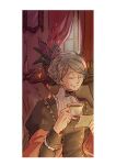  1girl black_bow black_bowtie black_dress bow bowtie candle closed_eyes closed_mouth commentary_request cup dien_(ragnarok_online) dress flower grey_hair holding holding_cup holding_letter indoors letter mirror old old_woman pink_flower plant potted_plant ragnarok_online short_hair smile solo tea teacup upper_body window zhi_xie 