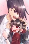  1boy 1girl ;d bangs blunt_bangs blush bracelet brown_hair collared_shirt commentary_request danganronpa_(series) danganronpa_v3:_killing_harmony eyebrows_visible_through_hair facial_hair fang goatee hair_ornament hair_scrunchie hand_on_another&#039;s_head harukawa_maki jacket jewelry long_hair long_sleeves low_twintails mole mole_under_eye momota_kaito one_eye_closed open_clothes open_mouth open_shirt red_eyes red_scrunchie red_shirt satori_(aosky9077) scrunchie shiny shiny_hair shirt smile spiked_hair teeth tongue twintails upper_body white_shirt 