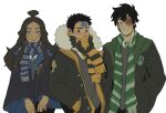  1girl 2boys aang arrow_(symbol) avatar:_the_last_airbender avatar_(series) black_hair black_jacket blue_coat blue_eyes blue_necktie blue_scarf blush brown_eyes brown_hair closed_mouth coat cosplay covered_mouth dark-skinned_female dark_skin emblem eyelashes facial_mark felipe_(lipeartwork) forehead_mark fur-trimmed_jacket fur_trim green_necktie green_scarf grey_eyes grey_sweater hair_bun hair_ribbon hair_tubes half_updo hands_in_pockets harry_potter_(series) highres hogwarts_school_uniform hufflepuff jacket katara long_hair long_sleeves looking_at_viewer multiple_boys necktie ravenclaw ribbon scar scar_on_face scarf scarf_over_mouth school_uniform shirt short_hair side-by-side sidelocks simple_background slytherin smile striped striped_scarf sweater tress_ribbon upper_body white_background white_shirt yellow_necktie yellow_scarf zuko 