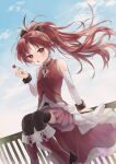  1girl absurdres blush bow candy fence food full_body hair_bow highres holding holding_food lollipop long_hair mahou_shoujo_madoka_magica morisata open_mouth ponytail red_eyes red_hair ribbon rooftop sakura_kyouko sitting sitting_on_fence sky solo very_long_hair 